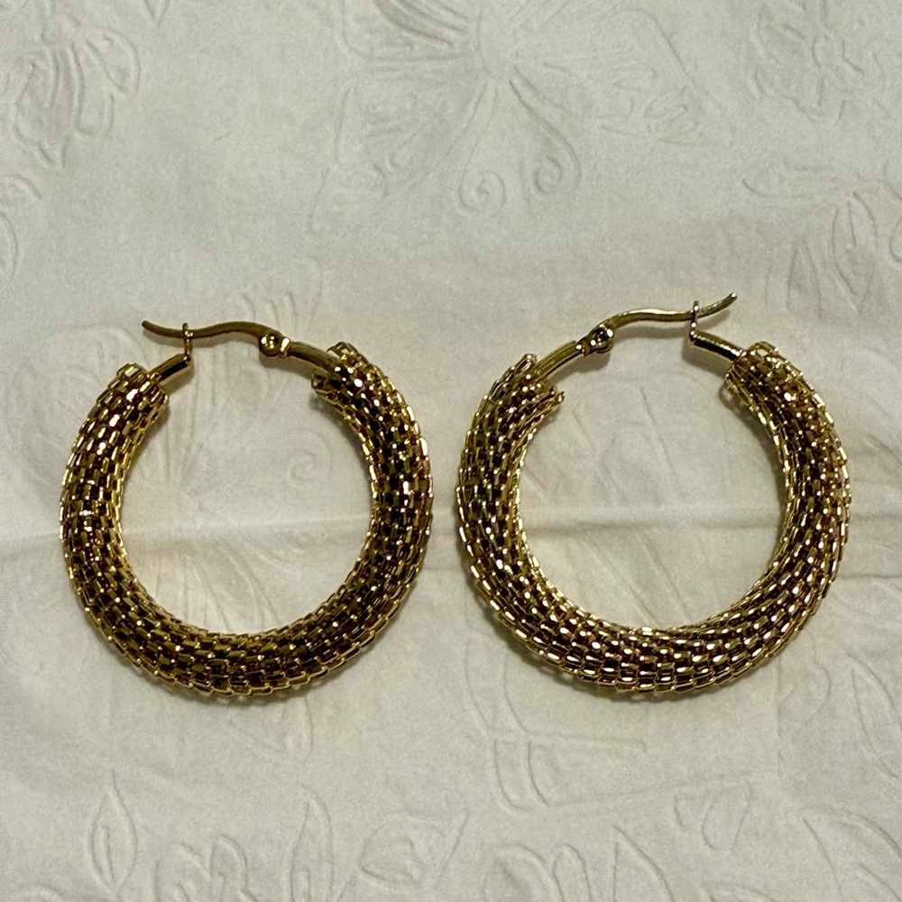Golden Surgical Steel Textured Hoop Earrings — Peru (NWOT)
